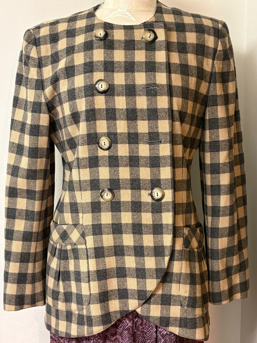 Vintage Ilie Wacs Double-Breasted Beige & Gray Wool Jacket
